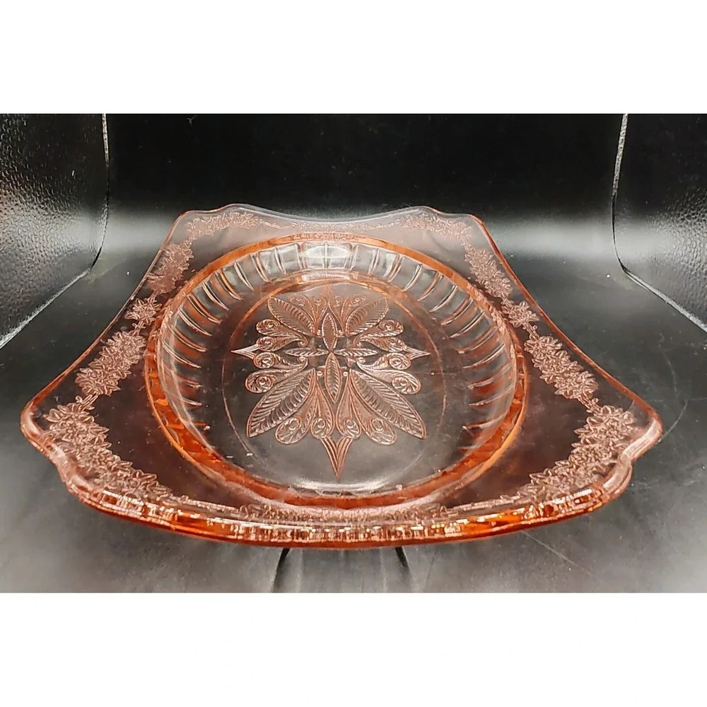 Vintage Jeanette Pink Depression Glass Curved Platter Adam Pattern 11.75